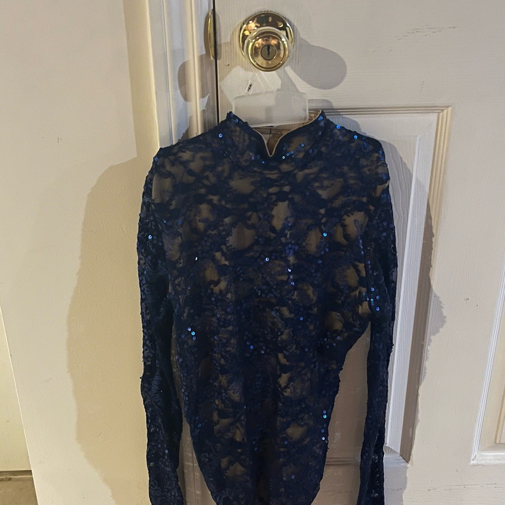 Navy Blue Lace Dance Costume Leotard Sequence Sparkly One Piece